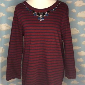 J. Crew 3/4 sleeve top with jewels‎ at neckline Red/blue stripes Sz Large